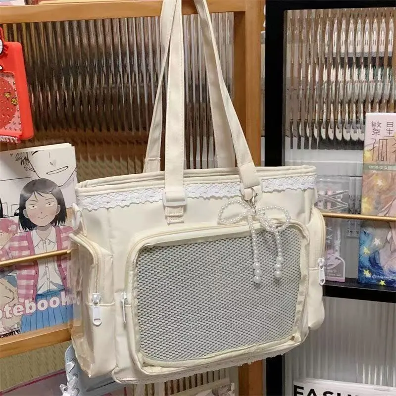 Japanese Anime White Messenger Bag for Women Transparent Lace Decoration Large Capacity Waterproof Tote Bag