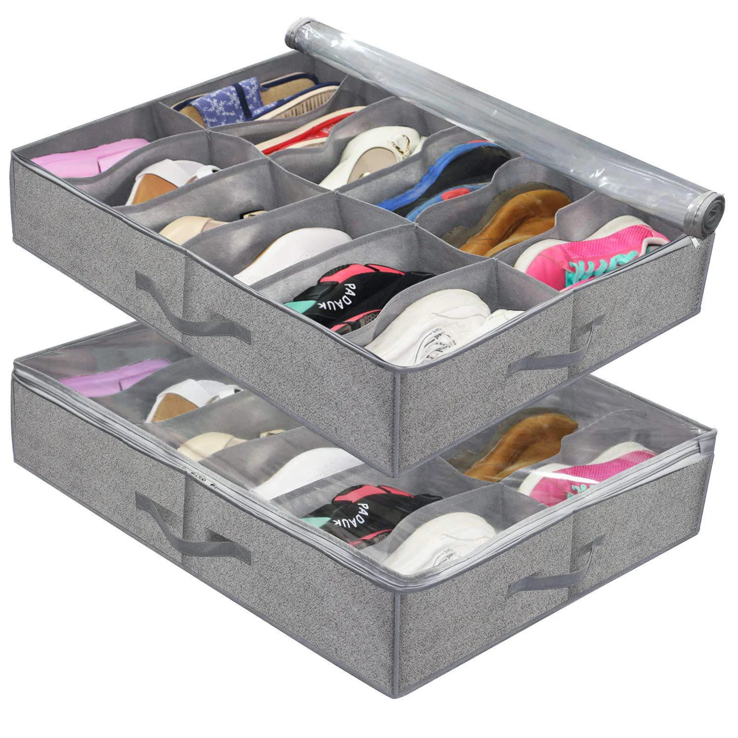 

Large Shoe Storage Container for 12 Pairs: Maximize Under Bed Space - Foldable Organizer with Sturdy Handles for Closet & Travel