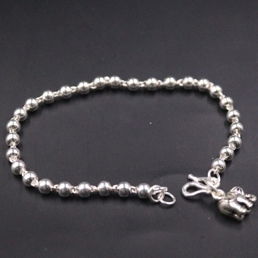 

S925 Sterling Silver 4mm Bead Link Chain With Elephant Womens Bracelet 7.36"L