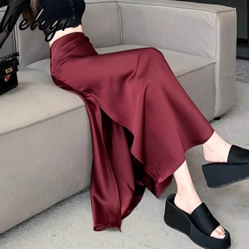 Burgundy Satin Mid Skirt Spring and Autumn New Women's Clothing High Waist Lotus Leaf Edge Split A-line Thin Hip Long Skirts