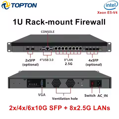 TOPTON 1U Rack Mount Firewall Mini PC Intel Xeon E5-2699V4 2695V4 C612 X99 4*/2*10G SFP 8*2.5G LAN 2*NVMe 2*SATA NAS Server Host