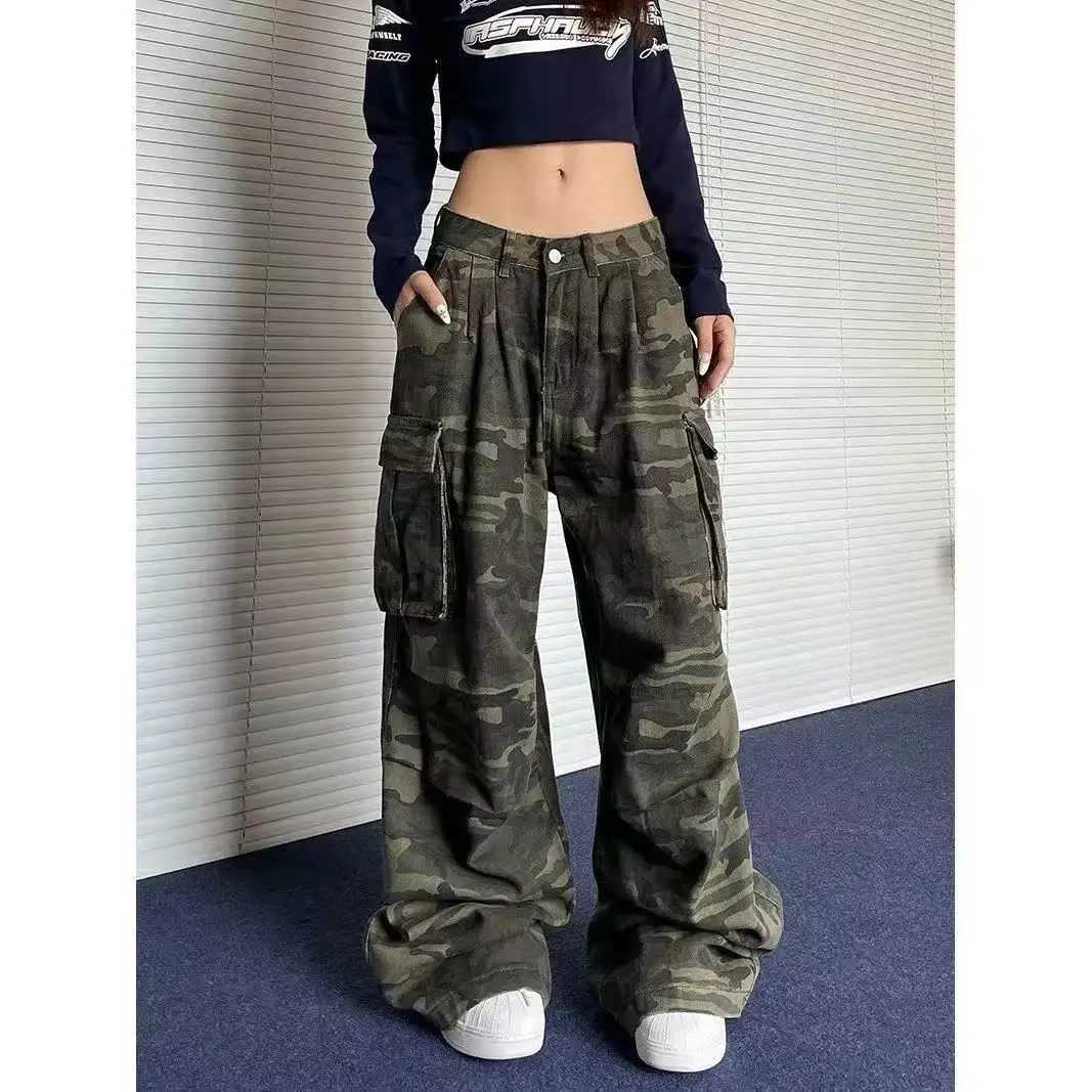 2026 Spring Autumn Vintage American Style Camouflage Denim Work Pants Loose Fitting Wide Leg Slimming Casual Jeans Street Trendy