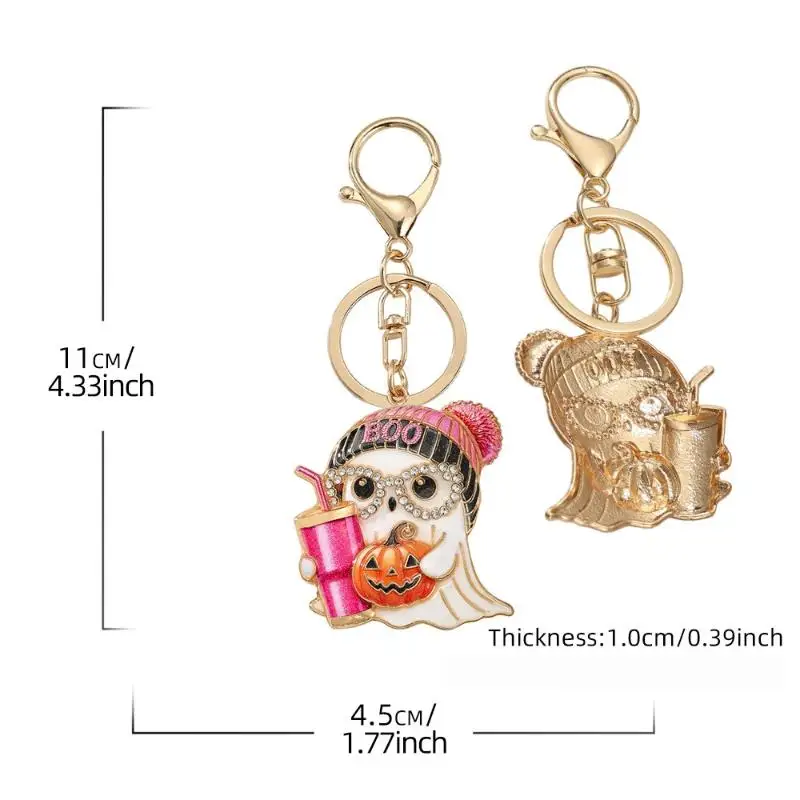 Gruseliger Halloween-Schlüsselanhänger, glitzernder Kristall-Geisteranhänger, rosa Strickmütze, Kürbis-Design, Rucksack-Charms, Partygeschenk – Detail 8