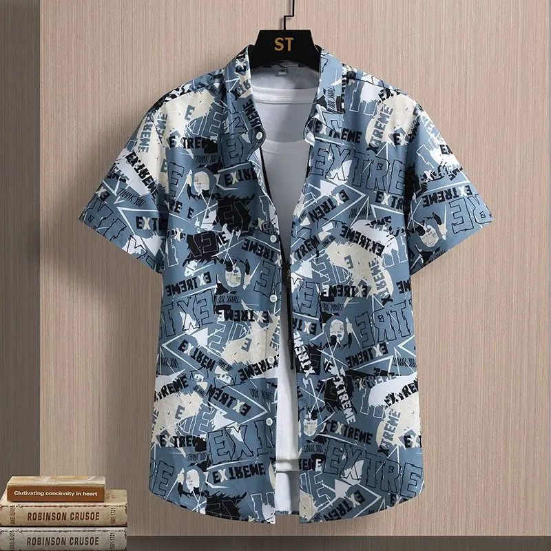 Simplicity Summer Shirts Ice Silk Men's Square Collar Striped Printing Pockets Single Breasted Fashion Loose Short Sleeve Tops