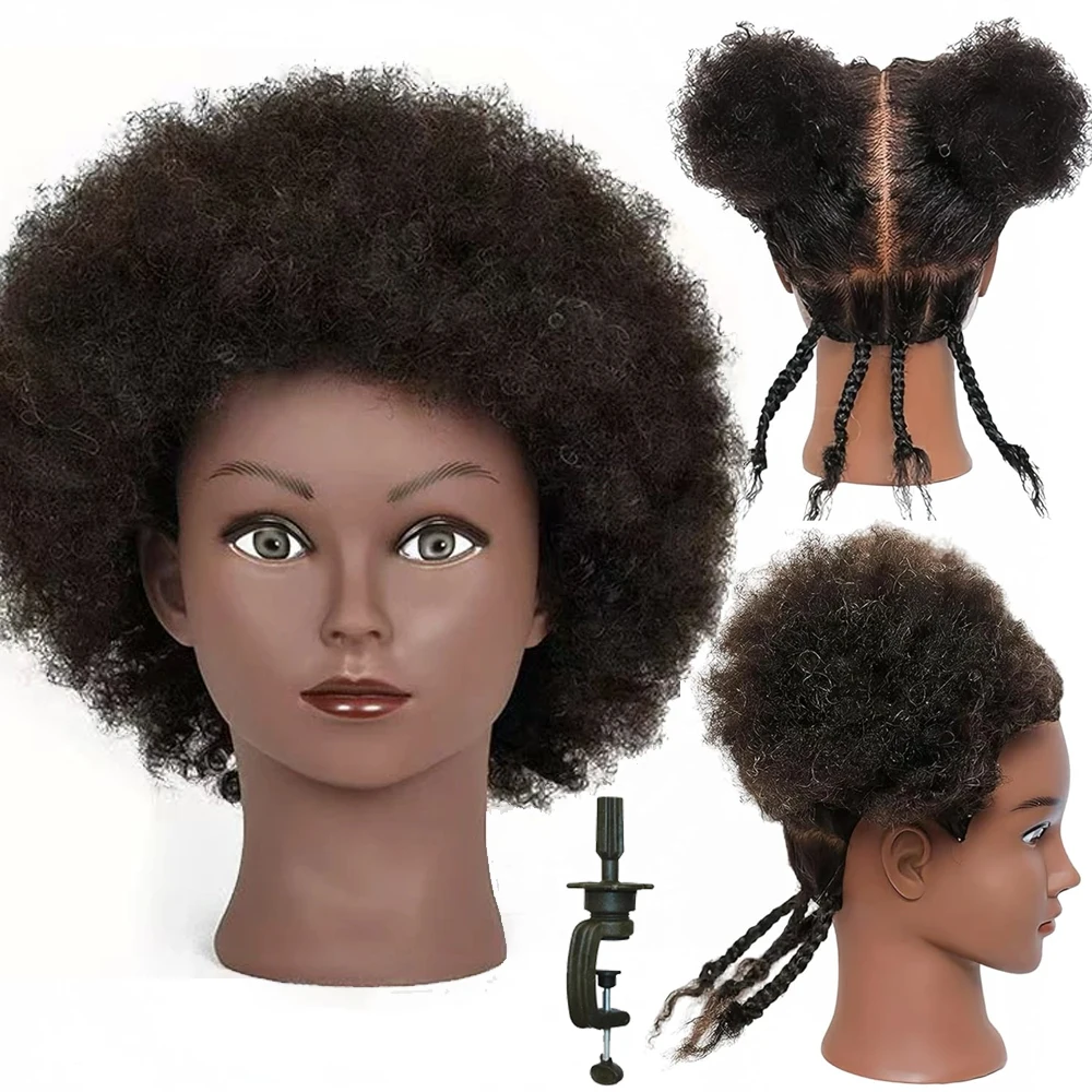 

Голова манекена с афро вьющимися волосами для плетения, 100% человеческие волосы, черная голова манекена для укладки волос, 8 дюймов, тренировочная голова с подставкой