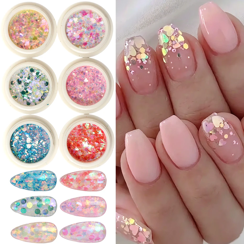 6 Stück holografische schillernde Nagel-Pailletten, Glitzer, Aurora, Meerjungfrau, Nagelkunst, Flocken, Stern, Herz, Sechseck, Pailletten, Maniküre-Dekoration