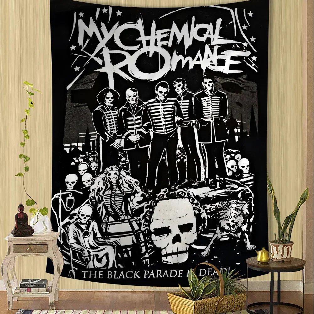 My Chemical Romance Band Portrait Tapestry, Vintage Emo Rock Band Black Uniform Print Wall Hanging, Polyester Fabric Wall Tapest