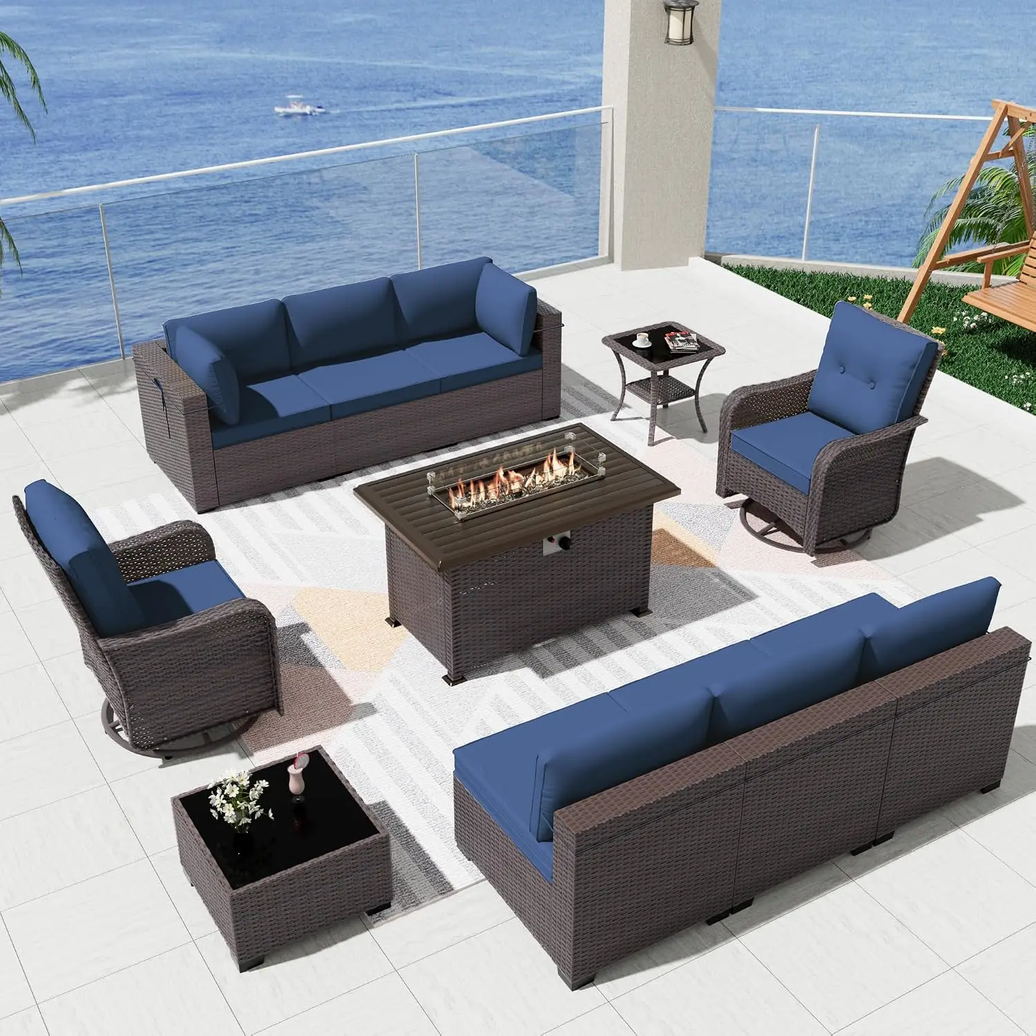 11pc Rattan Patio Set w/Propane Fire Pit, Swivel Rocking Chairs & Sectional Sofa w/4" Cushion, Navy, Customized