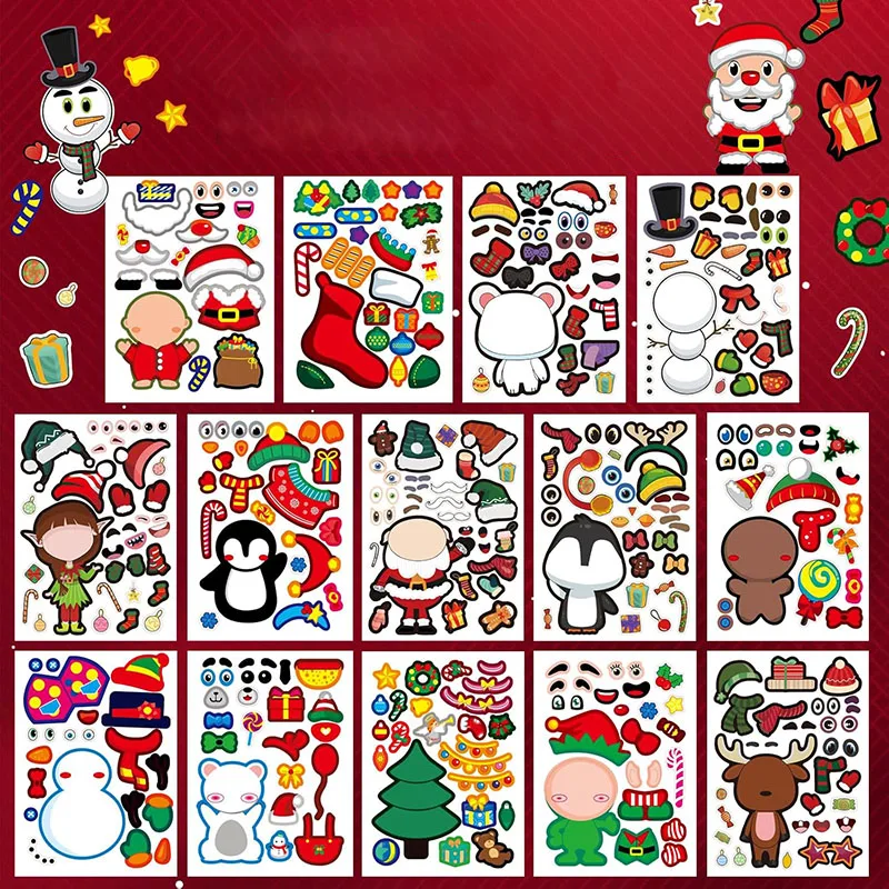 Make A Face Stickers DIY Christmas Stockings Santa Claus Snowman Puzzle Jigsaw Sticker Children Boys Girls Party Favor Gifts Toy