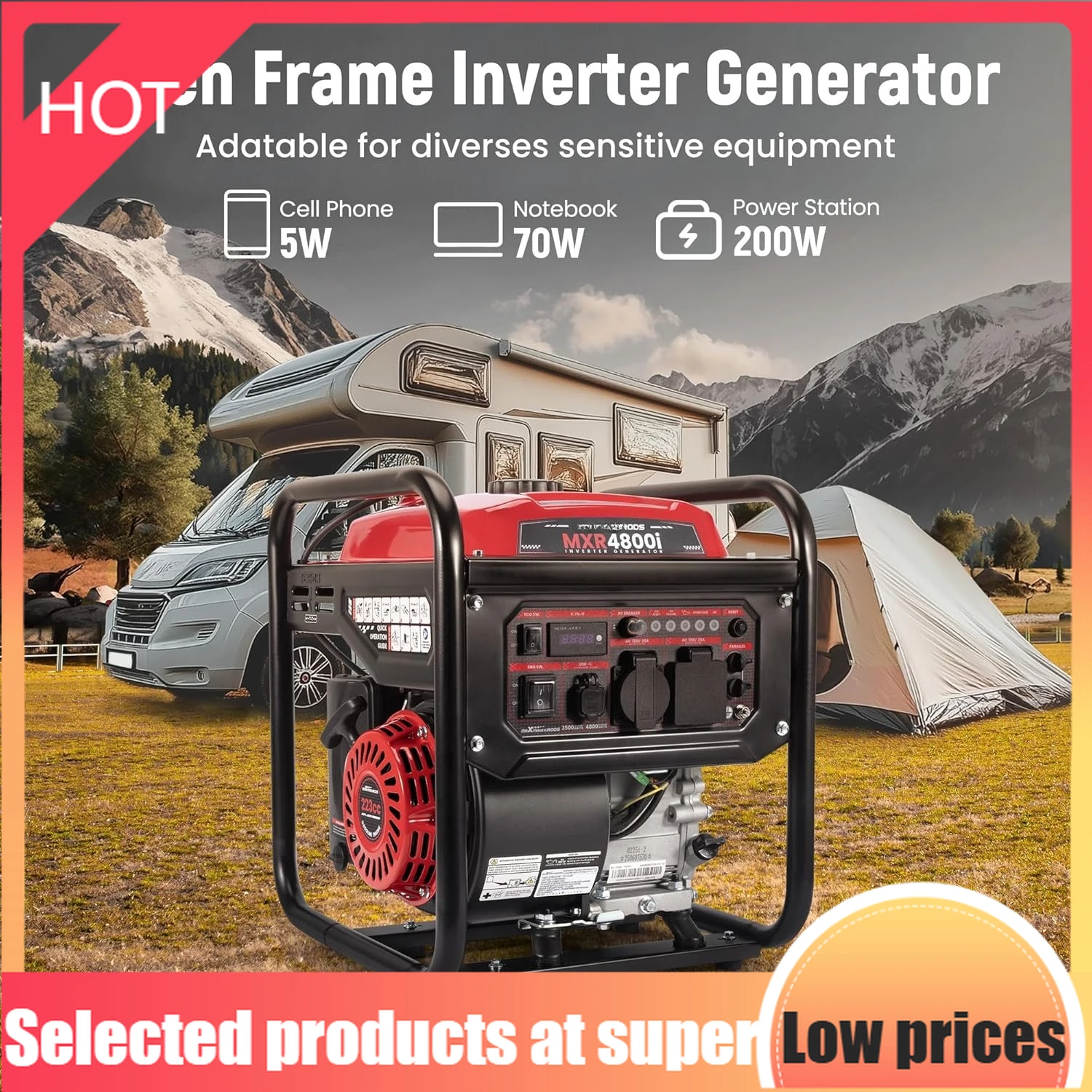 

Limited Edition4800 Watt Portable Inverter Generator, Gas Powered Open Frame Generator with ECO Mode, Lightweight for Outdoor Ca