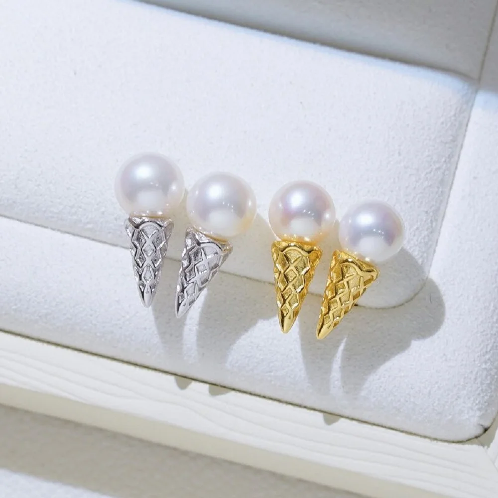 Exquisite earrings, ice cream cone, AAAA7-8mm natural pearl earrings, gold 925 sterling silver earrings