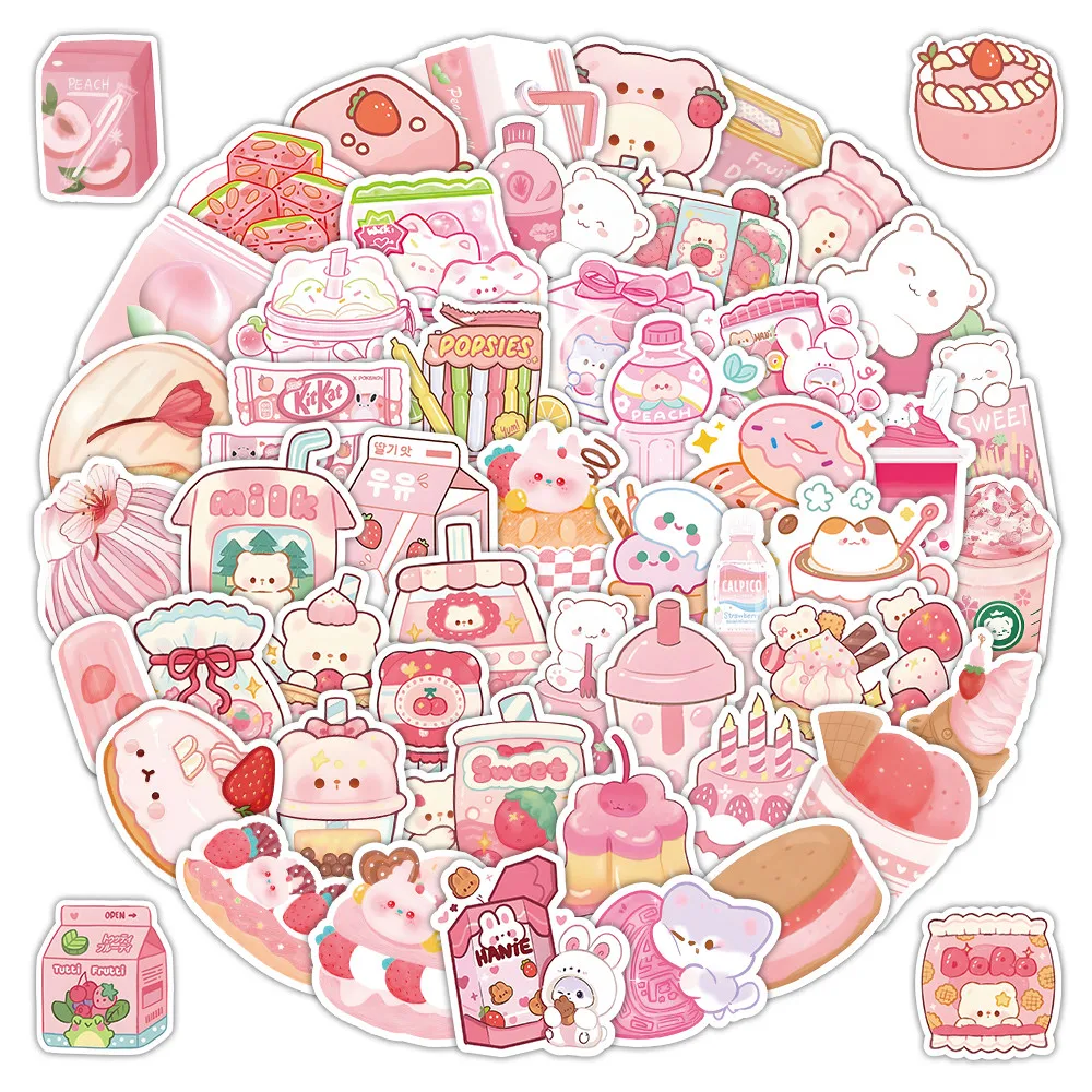 

63 Sheets Pink Snack Cartoon Stickers - Adorable Foodie Labels for Phone Case, Laptop & Craft Embellishment Papery Pop Store