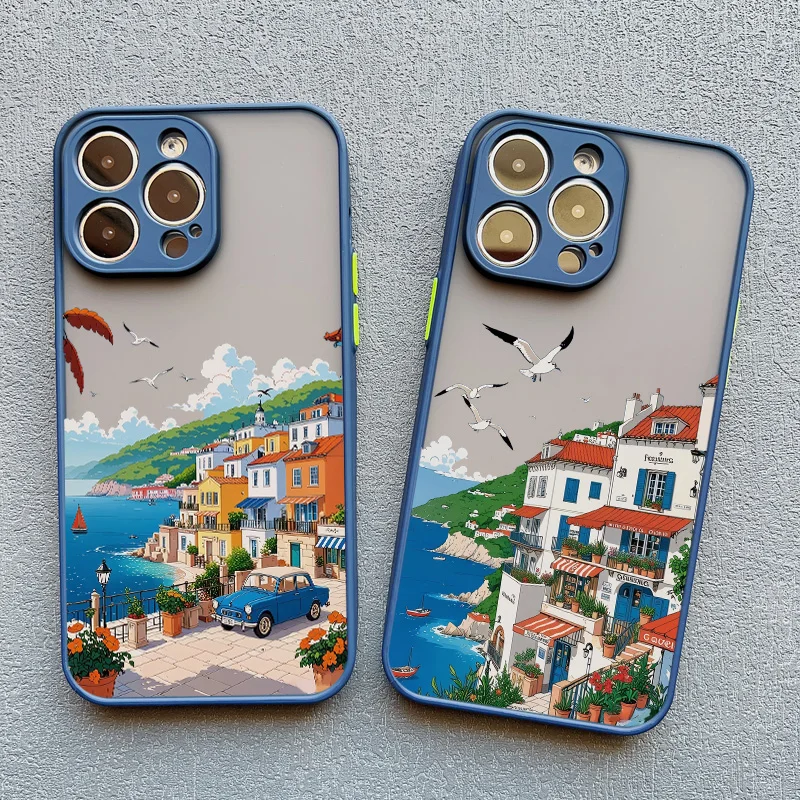 Strandlandschaft Küstenstadt Handyhülle für iPhone 17 15 16 14 Pro Max Plus 13 12 Mini 11 Pro Max XS XR X Blaue Hüllen – Detail 12