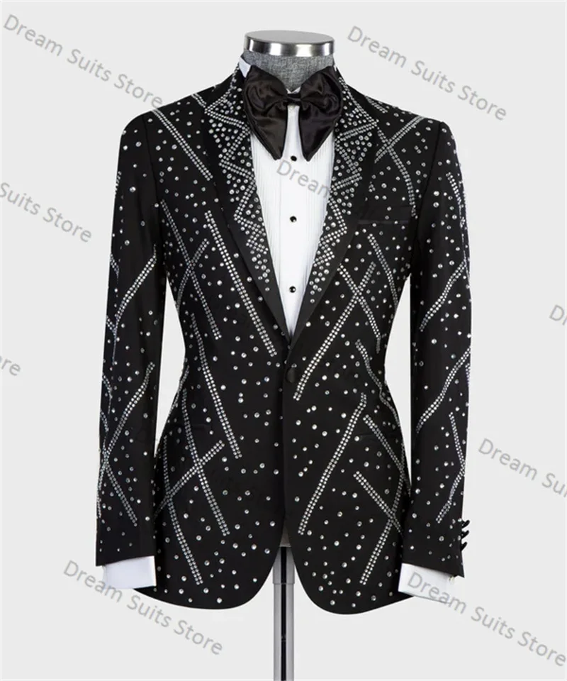 

Luxury Crystals Black Men Suits 2 Piece Blazer+Pants Male Prom Wedding Tuxedo Coat Custom Made Formal Office Jacket Trousers