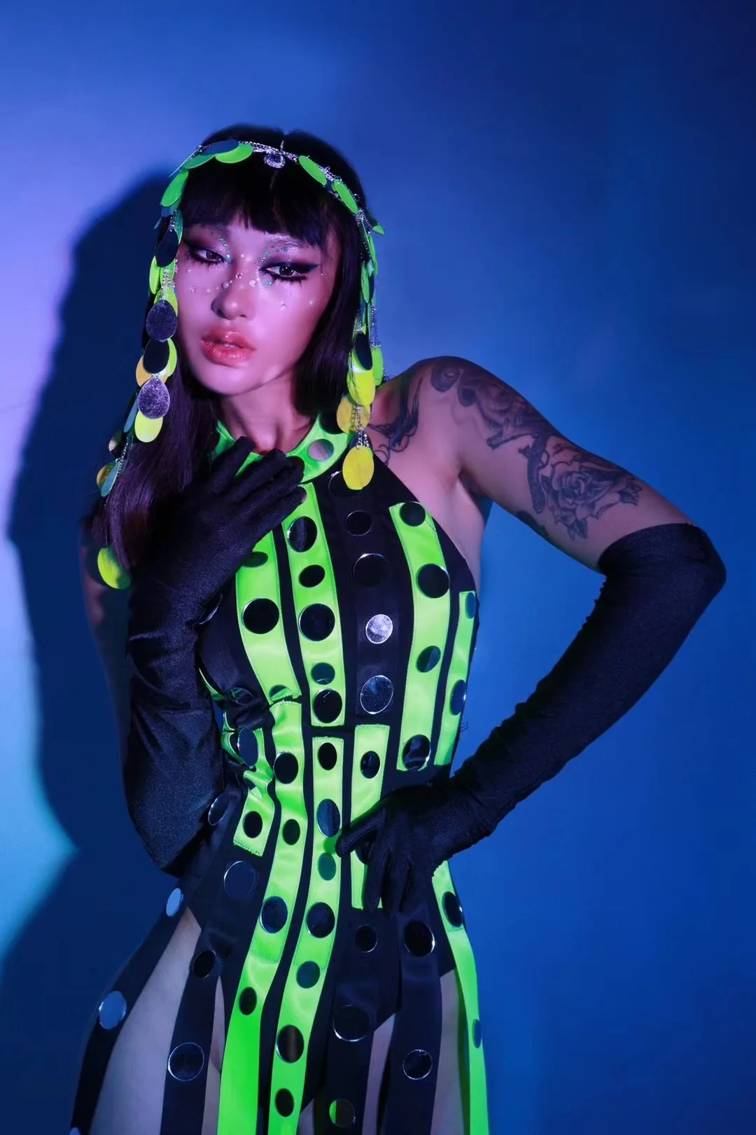 AK زي الفلورسنت الأخضر شرابة بذلة المغني راقصة أداء المرحلة زي الجاز جوجو ملابس الرقص حفلة الهذيان الزي