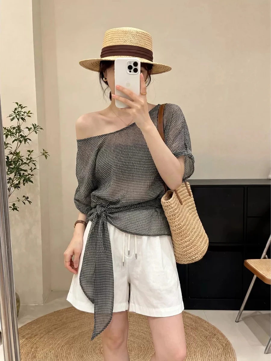 

Premium Plaid Shoulder Bared Short Sleeve Shirt Women's Korean Style Loose Fit Commute Wind Summer New Arrival plus Size