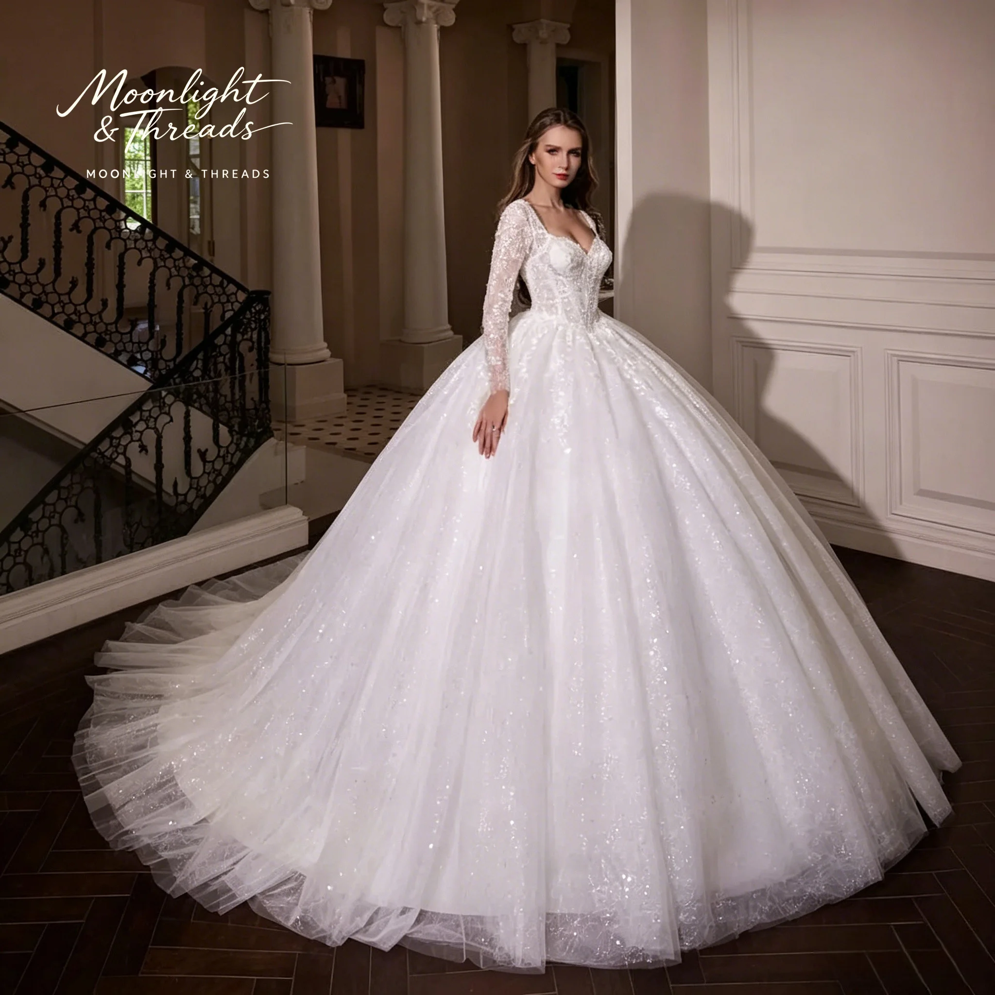 Classic White Strapless Floor-Length Formal Wedding Dress with Long Sleeves And Embroidery Sparkling Details