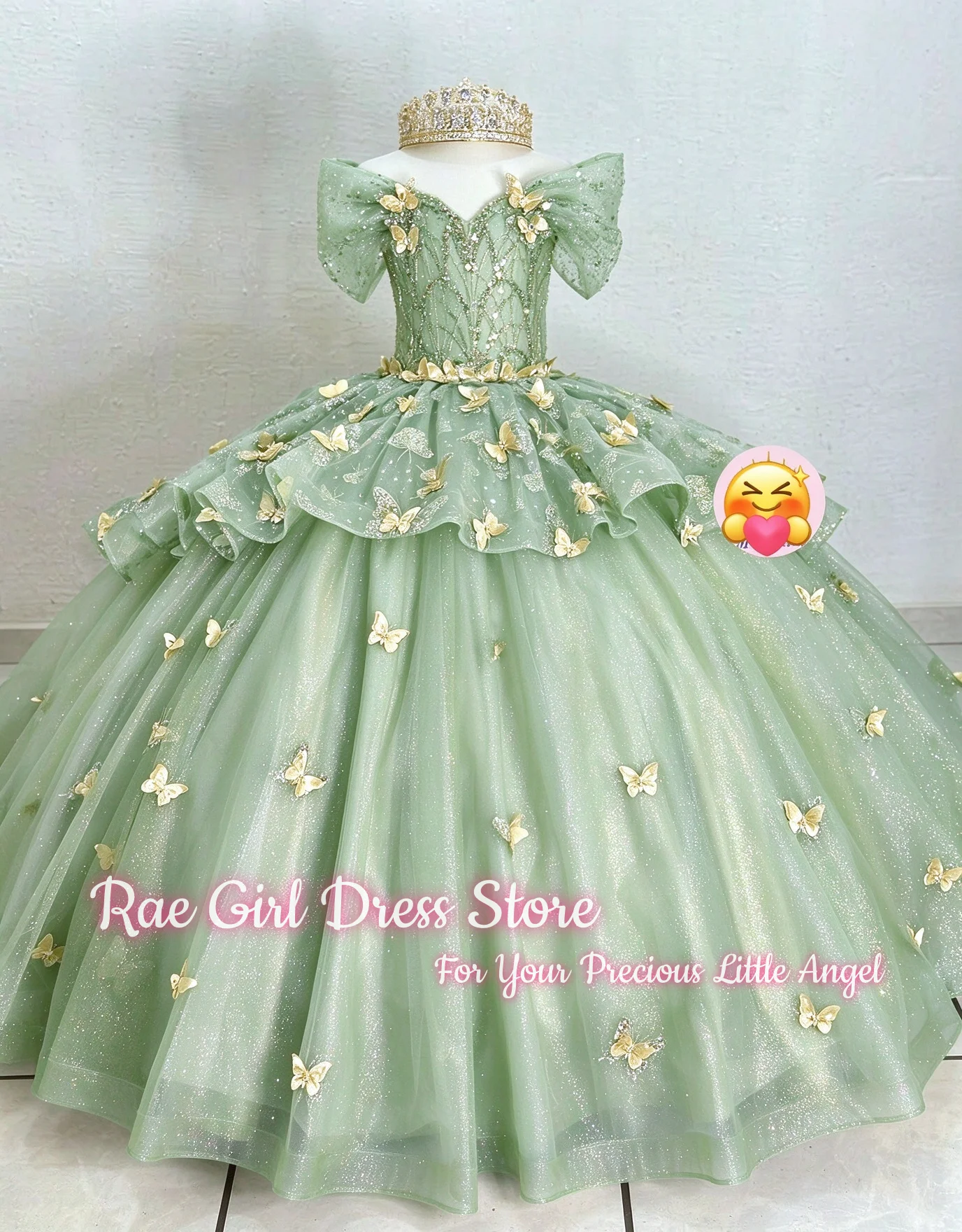 Luxury Gold Off Shoulder Flower Girl Gown 3D Butterfly Beaded Glitter Tulle Pageant Wedding Dress Customized