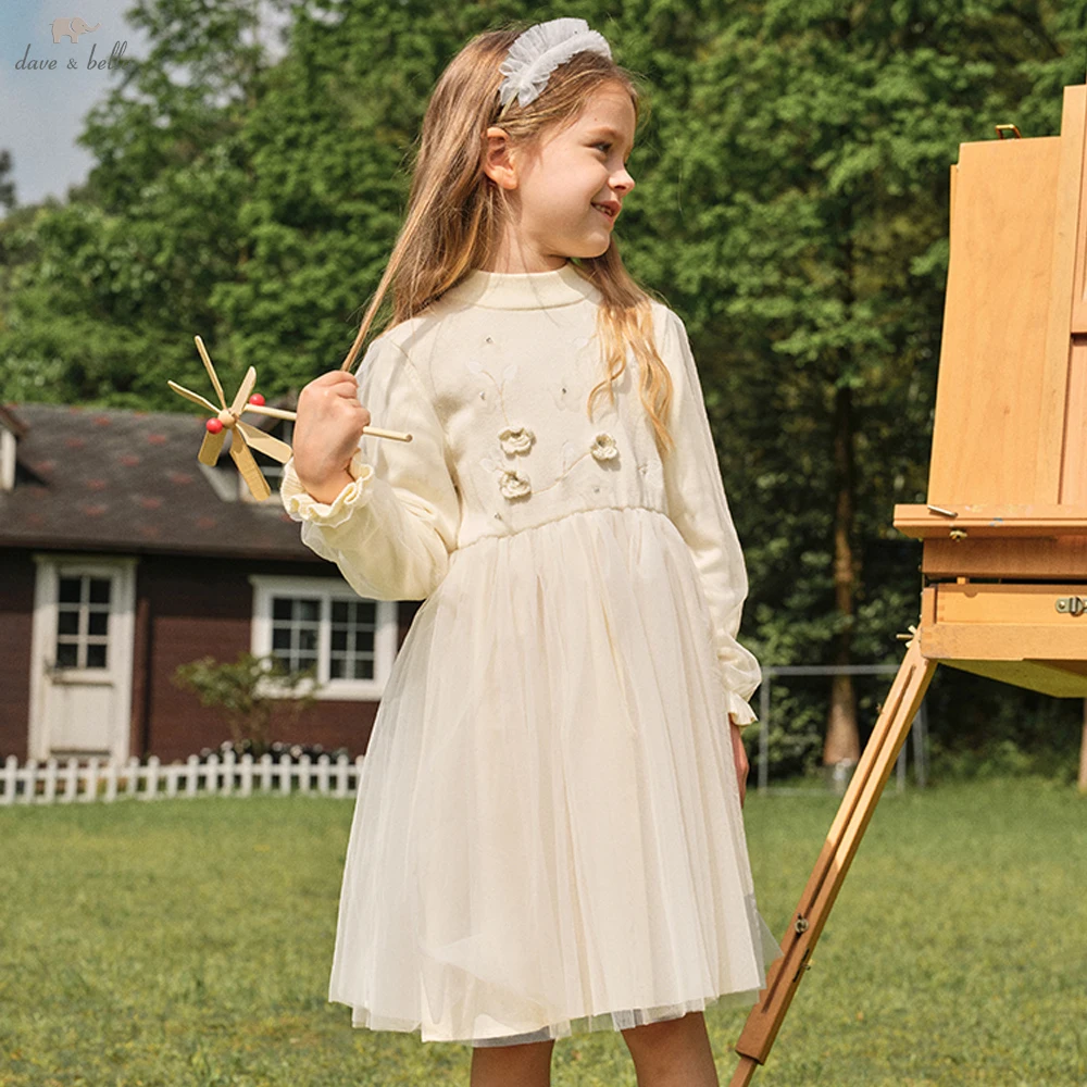 

Dave Bella Girl Long Sleeve Princess Mesh Dress Children Winter Knitted Sweater Dress Sweet Party Outdoor Clothes DK3242196