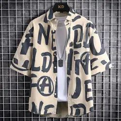 Summer Japanese Letter Printed Short-sleeved Shirt for Men's Trendy Casual Half-sleeved Shirt Loose and Versatile Shirt