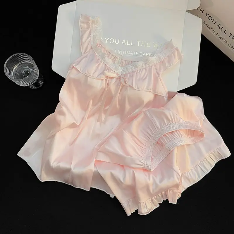 ElyraLux الصيف رقيقة ثوب نوم حرير الجليد المرأة ملابس المنزل مع وسادة الصدر الثابتة حزام مثير الأزهار حافة الجنية نمط ثوب النوم