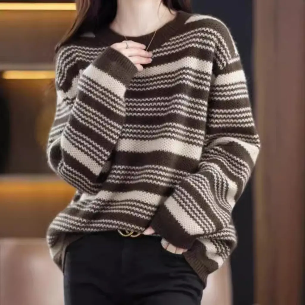 

Women's Cashmere Sweater Striped Crewneck Knitted Base Shirt Loose Fit Autumn Winter All-match European Style Top