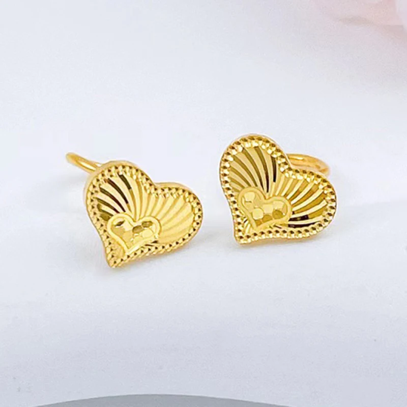 

Pure 999 Real 24K Yellow Gold Earrings Stud 5G Filigree Shiny Loving Heart Earrings Post Hook /2.44-2.7g