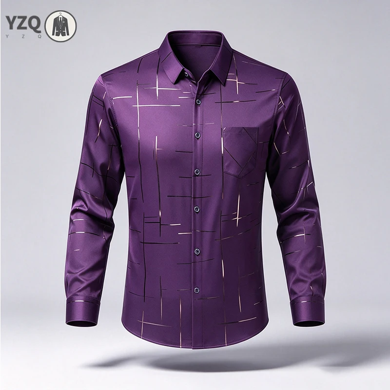 Mens Turn Collar Long Sleeve Shirt Premium Silky Printed Material Button Closure Chest Pocket Male Clothing