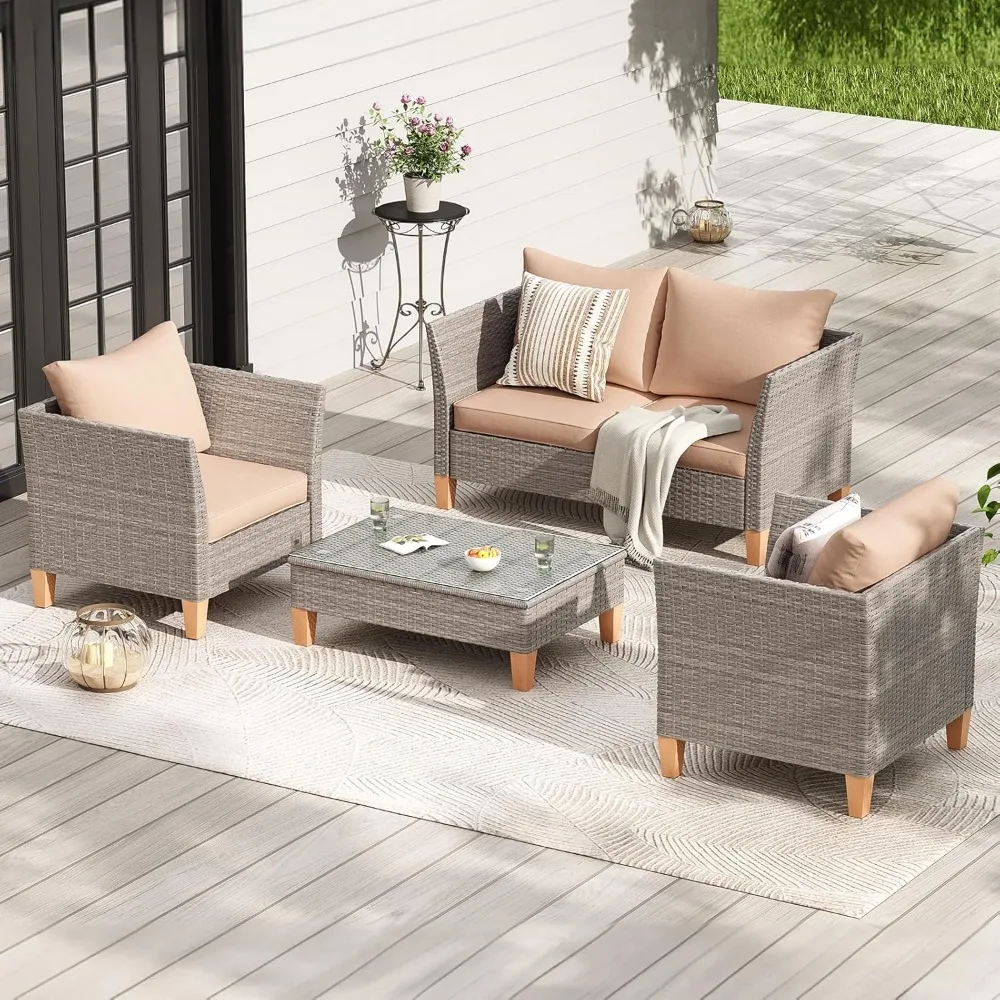 5-Piece Patio Furniture Set, Outdoor Furniture with Coffee Table, Loveseat & 2 Single Chairs, 4-Inch Thickened Cushions