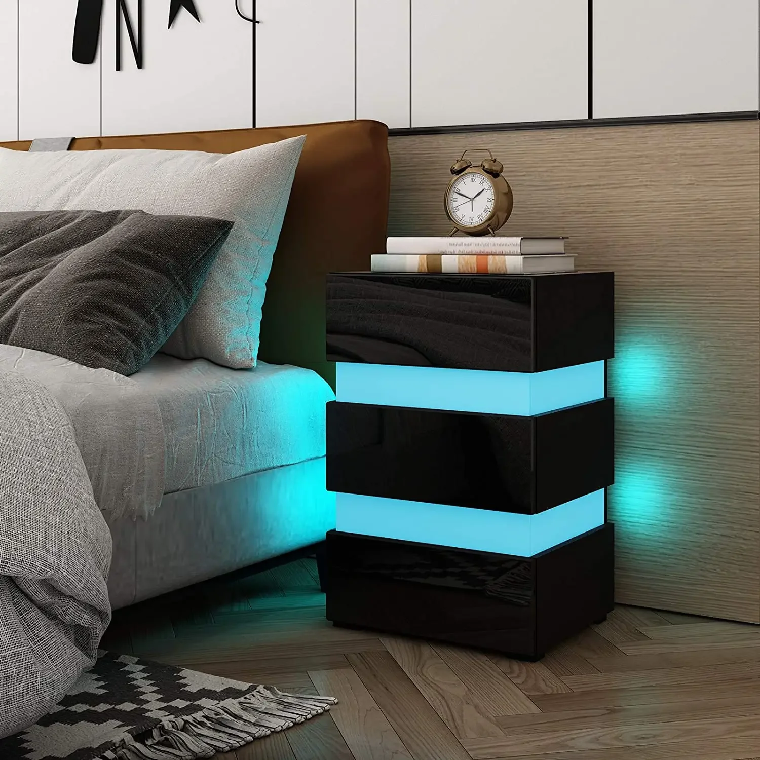 High Gloss Bedside Table Cabinet Wooden Nightstand Unit Side Table Chest of 3 Drawers with RGB LED Light for Bedroom