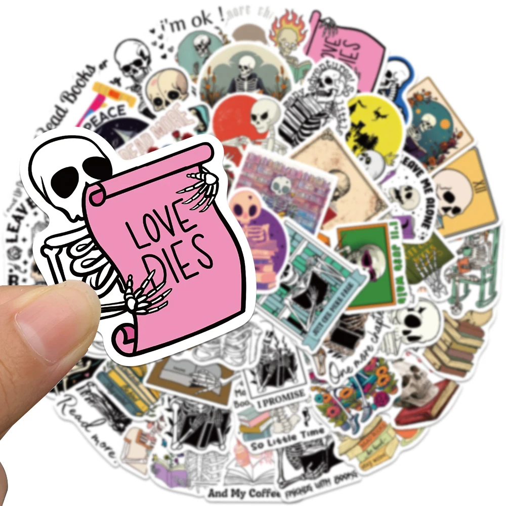 50PCS Funny Skull Reading Books Addicts Bookish Stickers for Notebook Luggage Skateboard Decoration Graffiti Decals Cool Sticker