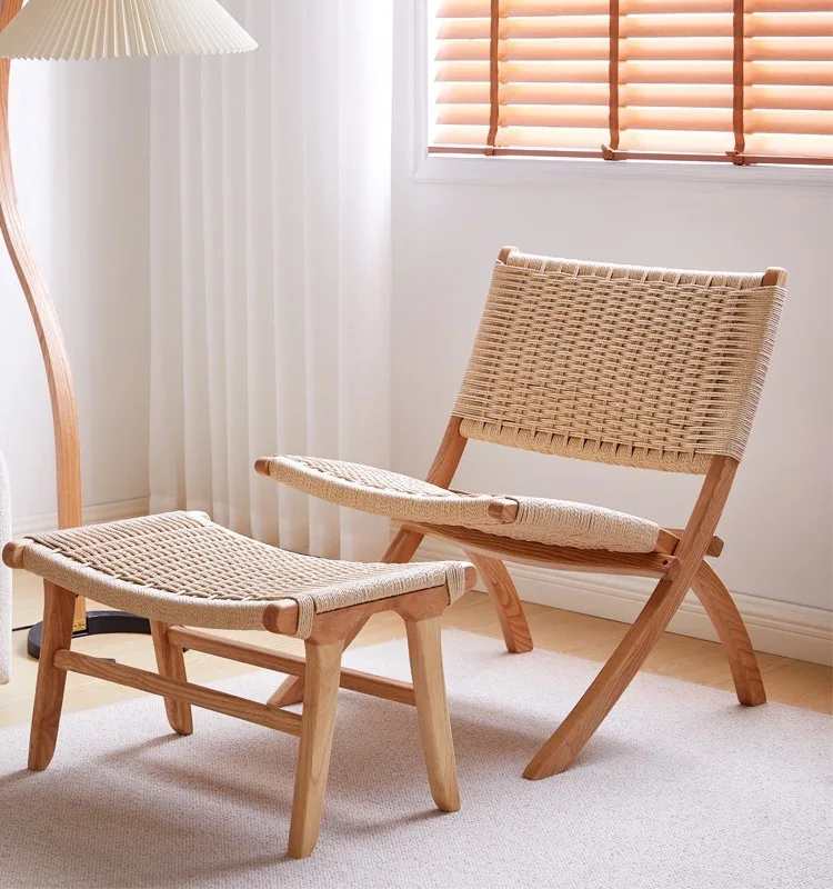 Solid wood rope folding chair saddle leather beach chair B&B balcony weaving lazy Nordic sofa lounge chair wholesale