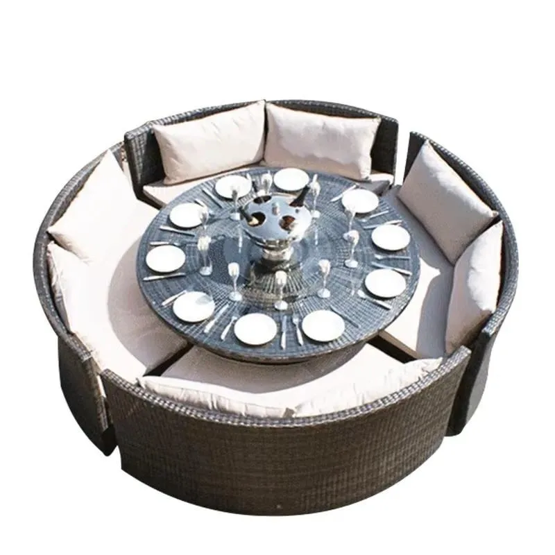 Modern Round Rattan Dining Table and Chair Set All Weather Outdoor Furniture for Garden Hotel Courtyard