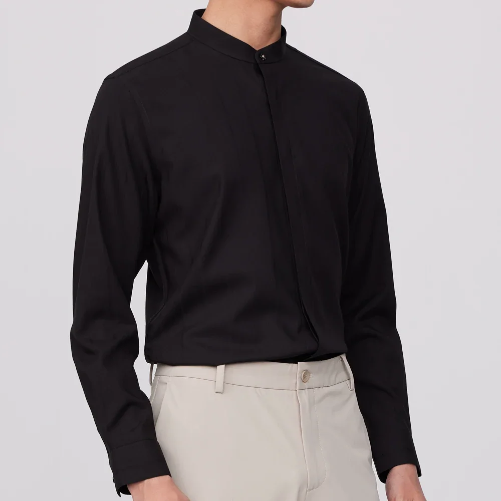 

Мужская слегка эластичная классическая рубашка в китайском стиле с воротником-стойкой без кармана спереди, офисные рубашки с длинными рукавами и планкой на скрытых пуговицах