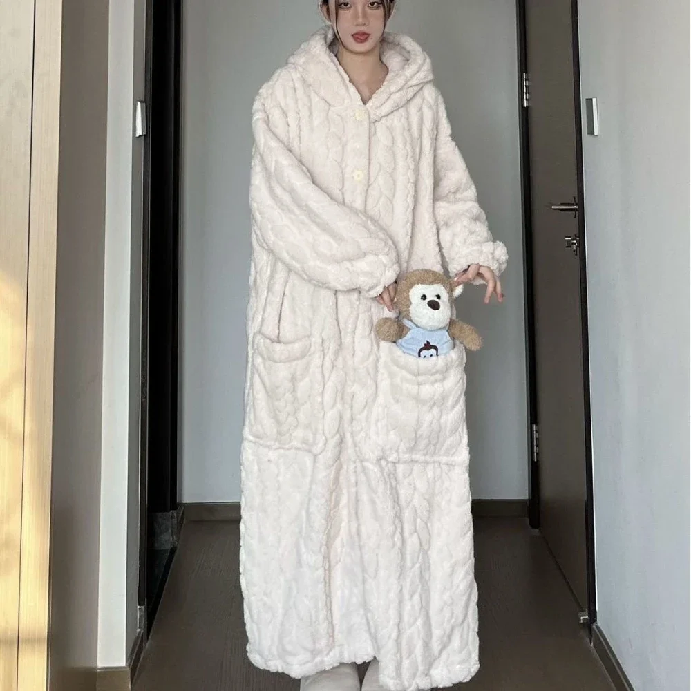 Cute Robes Women Hooded Coral Velvet Thicker Korean Warm Big Pockets Sleepwear All-match Comfortable Cozy Home Ankle-length Ins