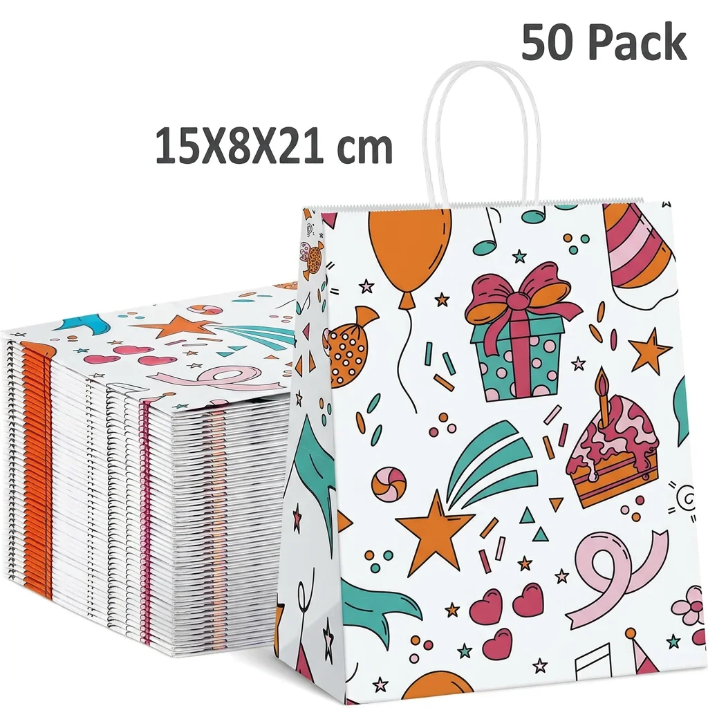 15X8X21CM Geschenktüten, 50 Stück Weiß Papiertüten mit Henkel, Kraftpapiertüten Klein Geeignet für Geburtstag