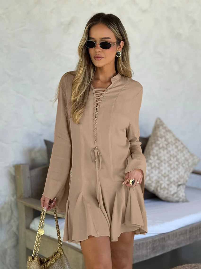 

Marthaqiqi зимняя женская одежда для сна, пижамы с длинными рукавами, ночная рубашка на шнуровке, сексуальная ночная рубашка с круглым вырезом, мини-платье, повседневные женские ночные рубашки