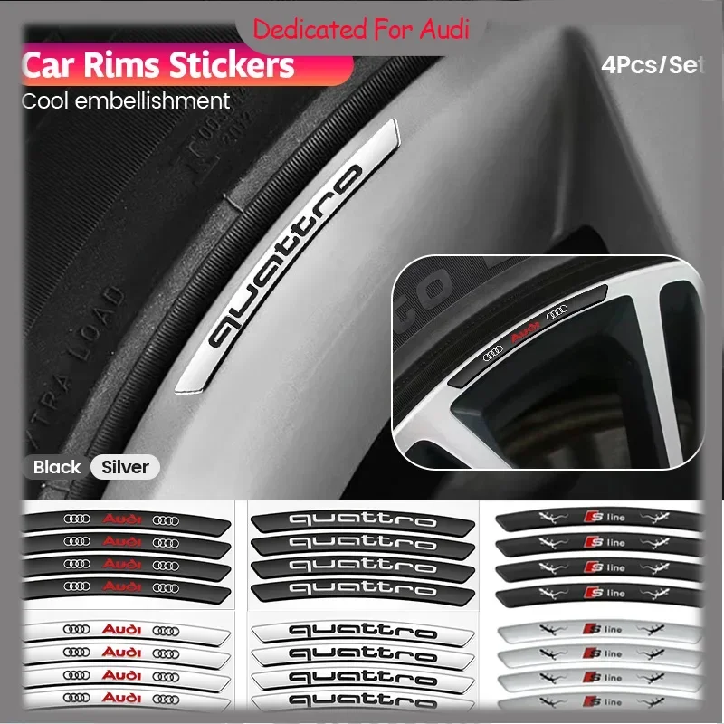 

4pcs aluminum alloy sports logo car wheel eyebrow sticker, suitable for Audi S line quattro A1A3A4A5AAAAA7A8Q2 Q3 Q5 Q7 Q8 TTS3.