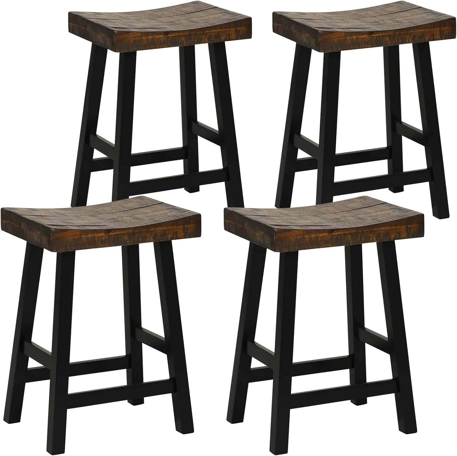 

COSTWAY Wooden Saddle Stools Set of 4, 24-inch Counter Height Bar Stools with Curved Seat Surface, Rubber Wood, Acacia Wood,