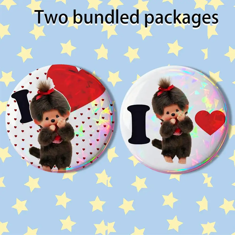 Furry cute Kawaii monchhichis 2 piece set Badges On Backpack Jacket Cartoon Round Brooches Acrylic Button Pins Collection Gifts