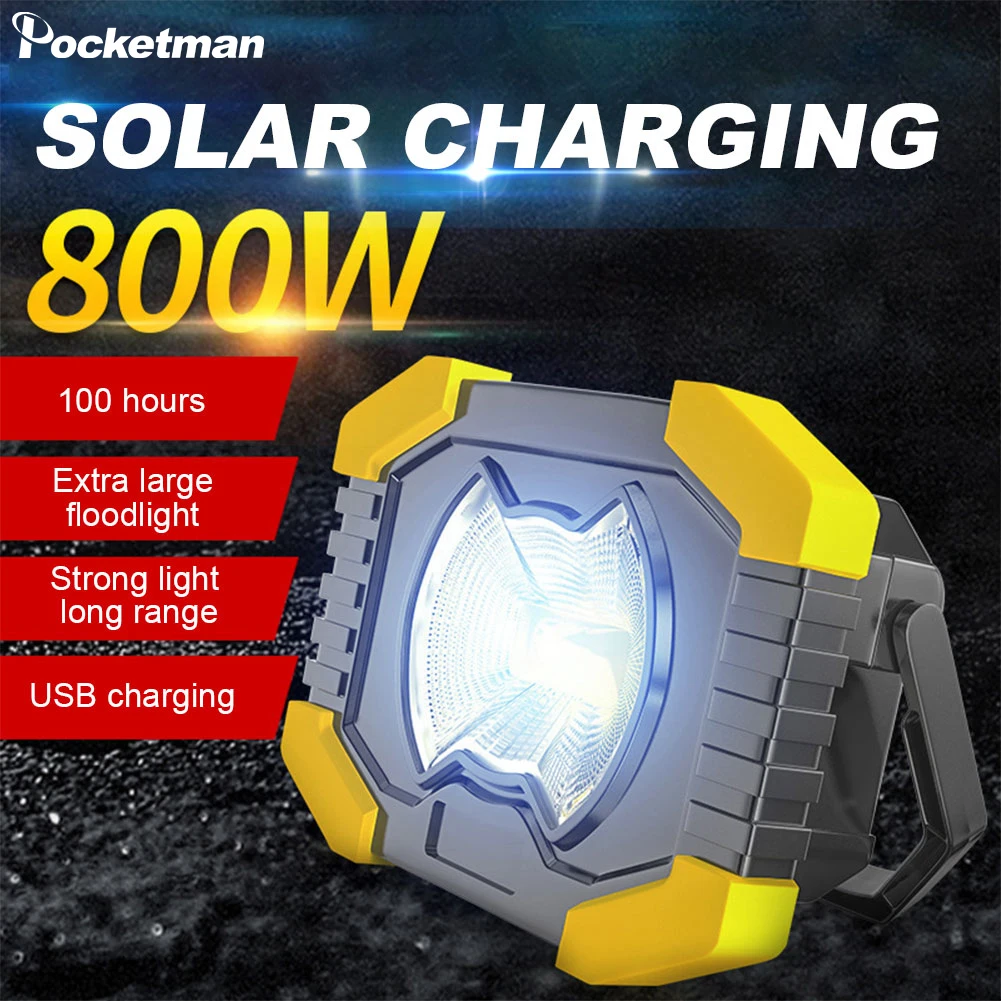 

800W LED Work Light Solar Charging Searchlight USB Rechargeable Work Lamp Camping Light Spotlight Waterproof Lantern