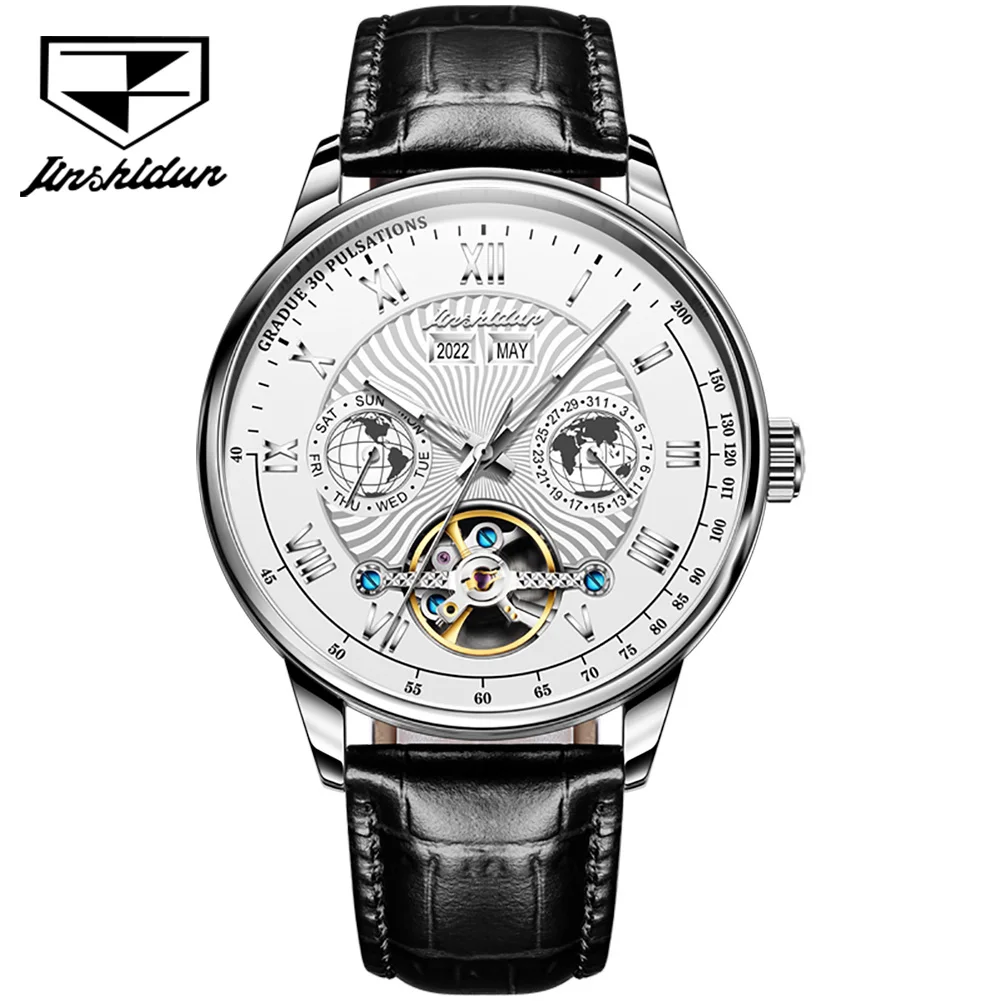 

JSDUN Leather Watch Automatic Mechanical Watch for Men Flywheel Skeleton Stainless steel Luxury Brand Men's Wristwatches 8919