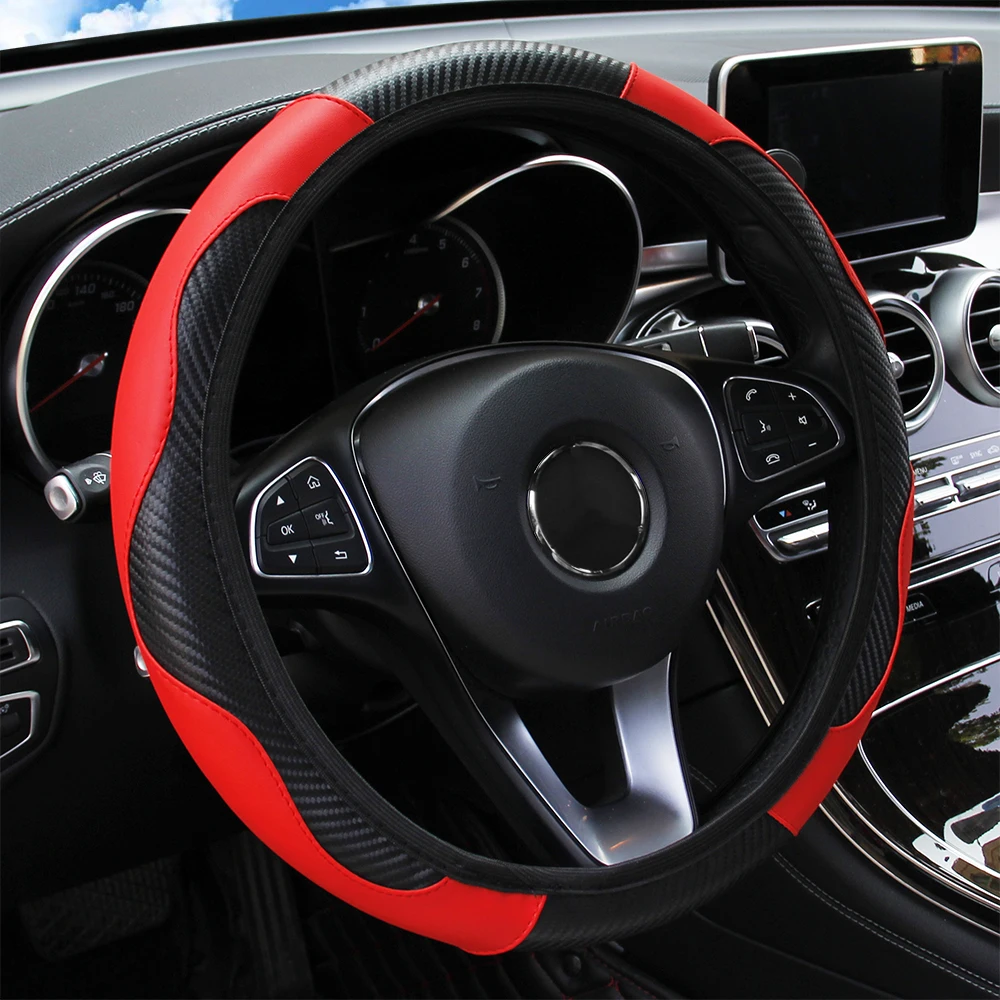 Funda para volante de coche, protector transpirable de cuero PU, antideslizante, adecuado para 37-38,5 cm, decoración automática, fibra de carbono