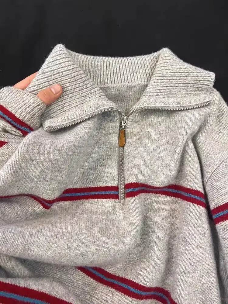 

Half Zip Striped Sweater Women Spring Autumn New Japanese Style Retro Turndown Collar Pullover Loose Versatile Knit Top