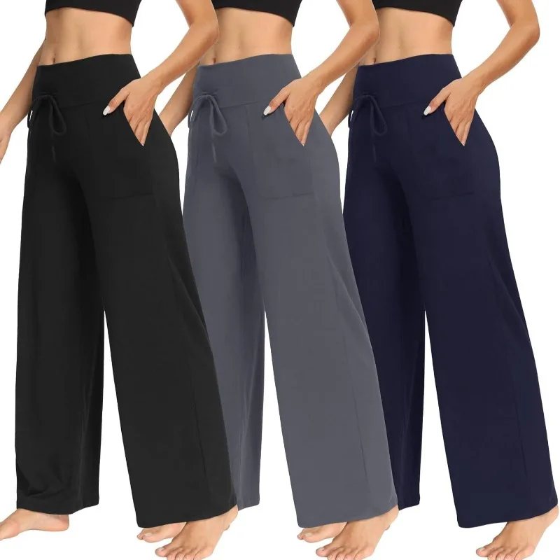 Women's Casual Wide Leg Pants - All Season Comfort Pockets Elastic Waist Loose Fit Solid Color Pants Suitable