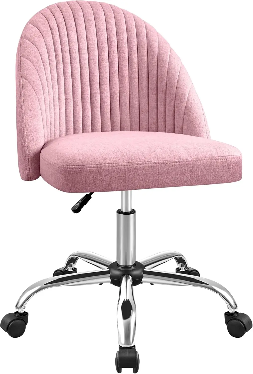Pink Fabric Armless Modern Rolling Swivel Desk Chair, Height Adjustable Cute Multi-Function Vanity & Computer Chair for Home Office