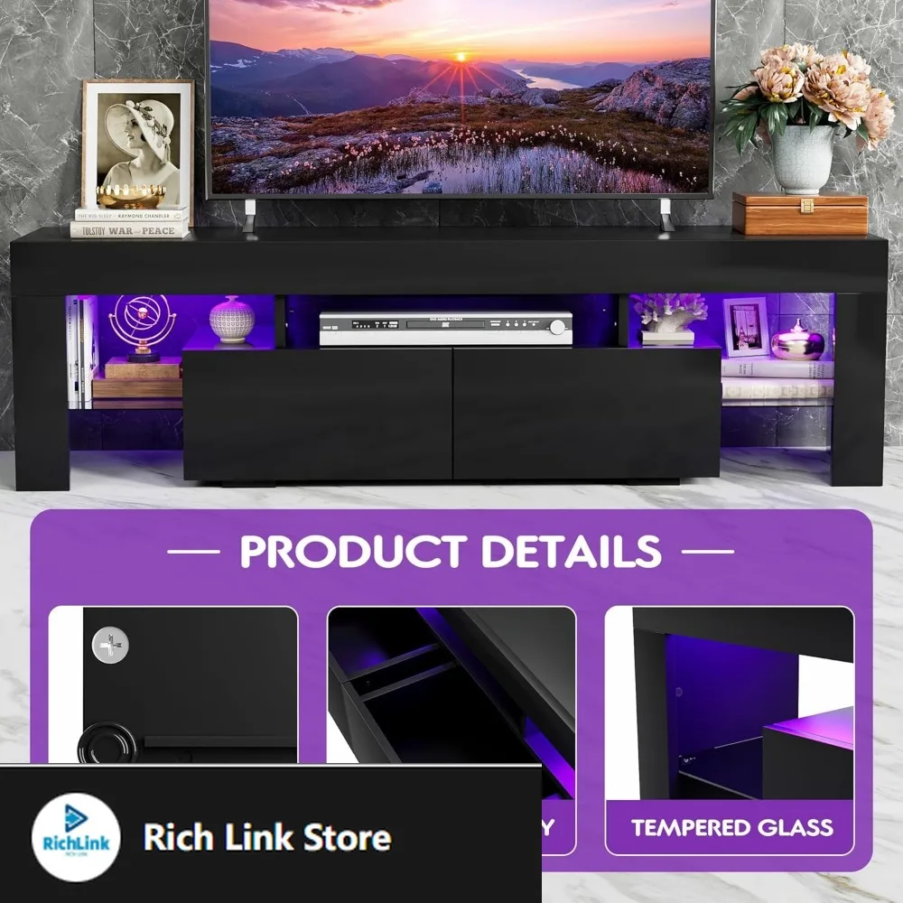 

TV Stand, Modern Lighting TV Cabinet Entertainment Center Media and Open Shelf, TV Console Table with 1 Drawer and Remote Contr