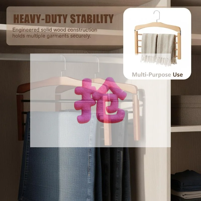 Solid Wood Multifunctional Multi-tier Trouser Rack Household Wooden Coat Rack Towel Scarf Tie Storage Rack Flocking Non-marking