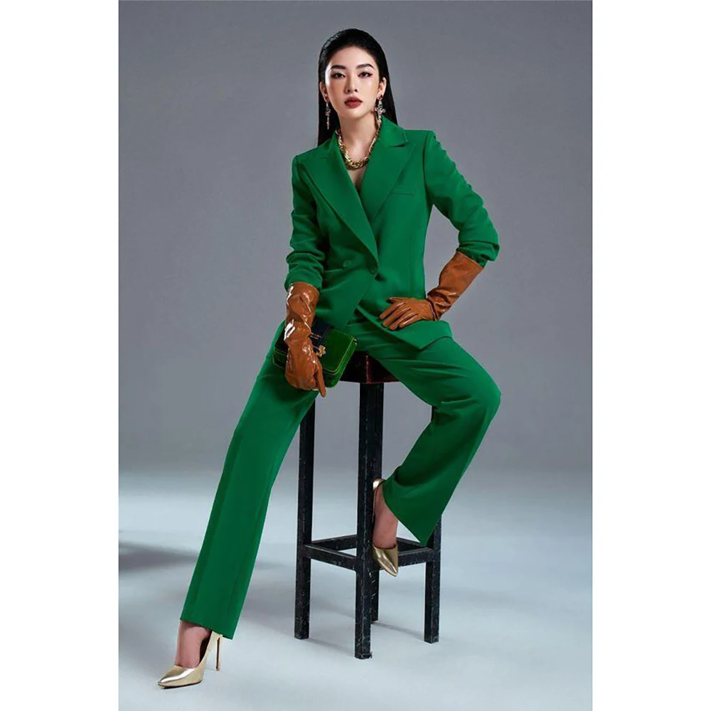 Bright Green Double Breasted Women Pants Set New Female Two Pieces(Blazer+Trousers) conjuntos femininos elegantes