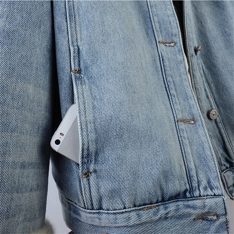 شتاء جديد فو الفراء خفيفة الوزن أسفل بطانة المرأة الضوء الأزرق قصيرة الدنيم سترة عادية التلبيب كم طويل أنثى كاوبوي ملابس خارجية #5